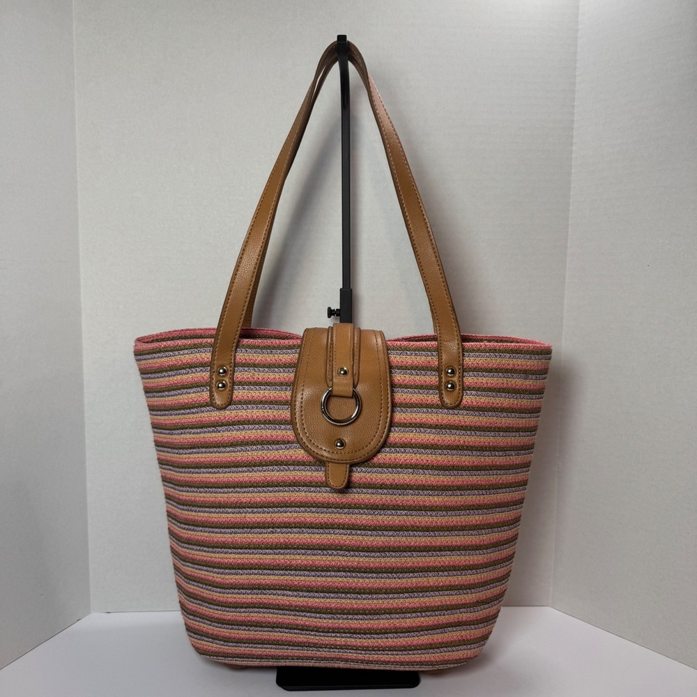 Liz Claiborne Woven Striped Multicolor Tote Shoulder Bag Tan Faux Leather Straps